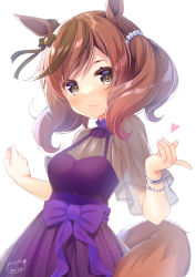 Rule 34 | 1girl, animal ears, black bow, blush, bow, brown eyes, brown hair, closed mouth, commentary request, dress, hands up, heart, highres, horse ears, horse girl, horse tail, ko yu, multicolored hair, nice nature (umamusume), purple bow, purple dress, see-through, see-through sleeves, shirt, short sleeves, signature, simple background, sleeveless, sleeveless dress, smile, solo, streaked hair, tail, twintails, umamusume, white background