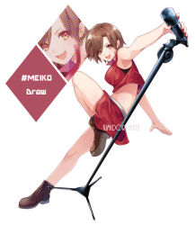 Rule 34 | 1girl, artist name, boots, brown eyes, brown footwear, brown hair, character name, commentary, crop top, derivative work, foreshortening, from side, full body, hana (mew), hashtag, highres, holding, holding microphone, leg up, looking at viewer, meiko (vocaloid), microphone, microphone stand, miniskirt, nail polish, open mouth, outstretched arms, projected inset, red nails, red shirt, red skirt, shirt, short hair, skirt, smile, solo, standing, v-shaped eyebrows, vocaloid, vocaloid boxart pose, white background