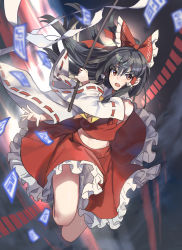 Rule 34 | 1girl, arm up, ascot, bare shoulders, bow, brown eyes, chinese commentary, collared shirt, commentary request, detached sleeves, eyelashes, flying, frills, gohei, grey background, grey hair, hair between eyes, hair bow, hair ornament, hair tubes, hakurei reimu, hands up, light, long hair, long sleeves, looking to the side, ofuda, open mouth, ponytail, red bow, red shirt, red skirt, shika lq, shirt, short ponytail, skirt, solo, spell card, touhou, v-shaped eyebrows, wide sleeves, yellow ascot