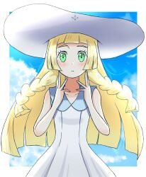Rule 34 | 1girl, blonde hair, blunt bangs, blush, braid, closed mouth, cloud, cloudy sky, commentary request, creatures (company), dress, emapippi, eyelashes, game freak, green eyes, hands on own face, hat, highres, light frown, lillie (pokemon), long hair, looking at viewer, loose hair strand, nintendo, pokemon, pokemon sm, sky, sleeveless, sleeveless dress, sun hat, twin braids, white dress, white headwear