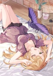 Rule 34 | 1girl, absurdres, alarm clock, bed, bed sheet, bird, blonde hair, blush, breasts, camisole, clock, clothing request, crow, fischl (genshin impact), genshin impact, green eyes, haneshuu rie, highres, long hair, looking at viewer, medium breasts, messy hair, morning, one eye closed, oz (genshin impact), plant, potted plant, purple camisole, sleepwear, sunlight, waking up, yawning