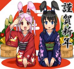 Rule 34 | 2girls, :3, :d, animal ears, black hair, blue eyes, bowing, rabbit ears, happy new year, hawe king, japanese clothes, kadomatsu, kimono, long hair, looking at viewer, multiple girls, new year, open mouth, original, pink hair, red eyes, salute, seiza, sitting, smile, translation request, v arms