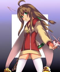 Rule 34 | 1girl, :o, ahoge, artist request, brown hair, cape, card, closed umbrella, coat, green eyes, hair ornament, hairband, hairpin, holding, holding card, lilka eleniak, long hair, low-tied long hair, magic, sidelocks, simple background, skirt, solo, thighhighs, tri tails, umbrella, white thighhighs, wild arms, wild arms 2, zettai ryouiki