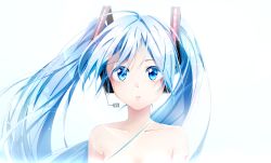 Rule 34 | 1girl, agonasubi, blue eyes, blue hair, collarbone, floating hair, hair ornament, hatsune miku, headphones, highres, long hair, md5 mismatch, microphone, nude, resolution mismatch, simple background, solo, source smaller, twintails, upper body, very long hair, vocaloid, white background