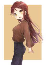 Rule 34 | 1girl, :d, black pants, blush, breasts, brown background, brown eyes, brown shirt, commentary request, head tilt, highres, long hair, long sleeves, looking at viewer, looking to the side, love live!, love live! sunshine!!, open mouth, pants, puffy long sleeves, puffy sleeves, red hair, sakurauchi riko, shirt, sin (sin52y), small breasts, smile, solo, two-tone background, very long hair, white background