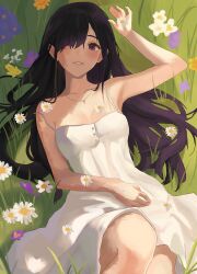 Rule 34 | 1girl, absurdres, arm up, armpits, bare arms, bare shoulders, blush, breasts, burn scar, cleavage, collarbone, commentary, commission, day, dress, english commentary, field, flower, flower field, grass, hair over one eye, highres, ikezawa hanako, jewelry, katawa shoujo, long hair, looking at viewer, lying, medium breasts, necklace, nerunemuteto, on back, outdoors, parted lips, purple eyes, purple hair, scar, scar on face, sleeveless, sleeveless dress, smile, solo, sundress, very long hair, white dress, white flower