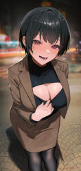 Rule 34 | 1girl, absurdres, artist name, black hair, black sweater, blurry, blurry background, blush, breasts, brown jacket, brown skirt, cleavage, cleavage cutout, clothing cutout, highres, jacket, large breasts, looking at viewer, open mouth, original, red eyes, short hair, skirt, smile, solo, sooon, standing, sweater, teeth, turtleneck, turtleneck sweater