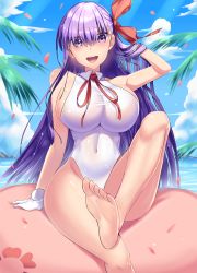 Rule 34 | 1girl, absurdres, bad id, bad pixiv id, bare shoulders, bb (fate), bb (fate) (all), bb (swimsuit mooncancer) (fate), beach, blue sky, blush, breasts, covered navel, day, fate/grand order, fate (series), feet, gloves, hair ribbon, hand in own hair, highleg, highleg leotard, highres, jo (pixiv29989419), large breasts, leg up, leotard, long hair, looking at viewer, neck ribbon, ocean, open mouth, petals, purple eyes, purple hair, red ribbon, ribbon, sideboob, sitting, sky, smile, soles, very long hair, white gloves, white leotard