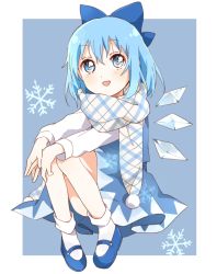 Rule 34 | 1girl, :d, blue background, blue bow, blue dress, blue eyes, blue footwear, blue hair, blue scarf, bobby socks, border, bow, cirno, convenient leg, dress, floating, full body, hair between eyes, hair bow, ice, ice wings, knees up, light blush, long sleeves, looking at viewer, medium hair, open mouth, outside border, pinafore dress, plaid, plaid scarf, pom pom (clothes), sasaki sakiko, scarf, simple background, sleeveless dress, smile, snowflakes, socks, solo, touhou, v arms, white border, white socks, wings