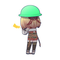 Rule 34 | 1girl, absurdres, back, bare shoulders, blonde hair, brown shorts, brown thighhighs, chibi, fellatio, fiora (xenoblade), full body, green headwear, highres, holding, holding phone, ihavetwoooo, jacket, long sleeves, medium hair, melia antiqua, oral, phone, shorts, shulk (xenoblade), simple background, solo, thighhighs, video call, white background, white footwear, white jacket, xenoblade chronicles (series), xenoblade chronicles 1