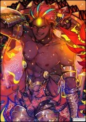 Rule 34 | 1boy, abs, ashwatthama (fate), commentary request, dark-skinned male, dark skin, fate/grand order, fate (series), highres, long hair, looking at viewer, maewenmitzuki, male focus, muscular, muscular male, nipples, open mouth, pectorals, red hair, smile, solo, teeth, yellow eyes