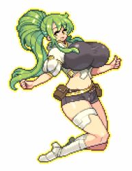 Rule 34 | asymmetrical hair, asymmetrical legwear, belt, bouncing breasts, breasts, cameltoe, eyelashes, green hair, huge breasts, jumping, long hair, looking back, midriff, open clothes, outline, pixel art, pocket, ponytail, puffy short sleeves, puffy sleeves, shiny clothes, shiny skin, shirt, short shorts, short sleeves, shorts, side ponytail, skin tight, smile, soles, solo, taut clothes, taut shirt, thick thighs, thighs, thumbs up, tongue, uneven legwear, white background, white legwear, yellow eyes, yellow outline, yumurama