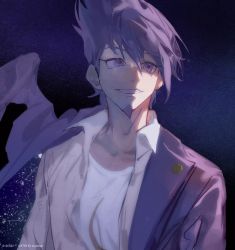 Rule 34 | 1boy, black background, collarbone, collared shirt, danganronpa (series), danganronpa v3: killing harmony, facial hair, goatee, gradient background, grey shirt, grin, highres, jacket, looking to the side, male focus, medium hair, momota kaito, open clothes, open jacket, open shirt, pink eyes, pink jacket, purple background, shirt, smile, solo, spiked hair, star (symbol), starry background, teeth, upper body, white shirt, yuzhou pai xiangyan