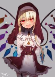 Rule 34 | 1girl, :d, blonde hair, blurry, blush, brooch, chisiro unya (unya draw), cowboy shot, crystal, dated, fang, flandre scarlet, frilled sleeves, frills, garter straps, grey background, habit, head tilt, jewelry, light particles, looking at viewer, nail polish, open mouth, own hands together, praying, red eyes, red headwear, side ponytail, signature, simple background, smile, smug, solo, touhou, two-tone dress, wings, wrist cuffs