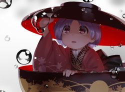 Rule 34 | 1girl, arm up, black bow, bow, commentary request, highres, in bowl, in container, japanese clothes, kimono, long sleeves, mini person, minigirl, monosenbei, open mouth, parted bangs, purple hair, red eyes, red kimono, solo, sukuna shinmyoumaru, touhou, water drop, wide sleeves