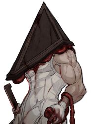 Rule 34 | 1boy, arms at sides, bare arms, blood, blood on hands, covered abs, cowboy shot, from below, from side, helmet, highres, holding, intestines, kyou (ningiou), large pectorals, male focus, monster boy, muscular, muscular male, pectorals, pyramid head, sidepec, silent hill (series), silent hill 2, solo, sword, veins, veiny arms, weapon
