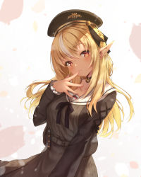 Rule 34 | 1girl, absurdres, blonde hair, blush, bow, bowtie, brown bow, brown bowtie, brown dress, brown hat, brown jacket, commentary request, dark-skinned female, dark skin, dress, elf, finger to mouth, hair between eyes, hat, highres, hololive, ijac ray, jacket, long hair, long sleeves, looking at viewer, multicolored hair, open clothes, open jacket, pointy ears, red eyes, sailor collar, shiranui flare, shiranui flare (street), solo, streaked hair, striped clothes, striped dress, vertical-striped clothes, vertical-striped dress, virtual youtuber, white hair, white sailor collar