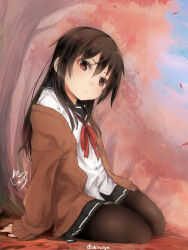 1girl akino_shuu autumn_leaves black_hair black_sailor_collar black_skirt blue_sky blush brown_cardigan brown_eyes brown_pantyhose cardigan closed_mouth cloud commentary_request day hair_between_eyes iroha_kaede leaf long_hair long_sleeves looking_at_viewer neck_ribbon off_shoulder open_cardigan open_clothes original outdoors pantyhose pleated_skirt puffy_long_sleeves puffy_sleeves red_ribbon ribbon sailor_collar school_uniform serafuku shirt signature skirt sky sleeves_past_wrists solo tree twitter_username white_shirt