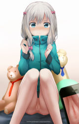 Rule 34 | 10s, 1girl, 3:, anus, ass, blue eyes, blush, bottomless, bow, cellphone, censored, cleft of venus, closed mouth, embarrassed, eromanga sensei, grey hair, hair between eyes, hair bow, izumi sagiri, jacket, knees together feet apart, long hair, looking at viewer, mosaic censoring, phone, pink bow, pussy, smartphone, solo, stuffed animal, stuffed toy, teddy bear, thighs, watermark, web address, zen33n