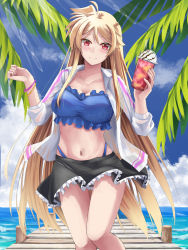 Rule 34 | 1girl, bikini, bikini under clothes, black skirt, blonde hair, blue bikini, blue sky, bracelet, breasts, closed mouth, cloud, cloudy sky, collared shirt, commentary, cup, day, disposable cup, dock, drinking straw, fate testarossa, flying sweatdrops, food, frilled bikini, frilled skirt, frills, highleg, highleg bikini, holding, holding food, horizon, ice cream, jewelry, large breasts, long hair, long sleeves, looking at viewer, lyrical nanoha, mahou shoujo lyrical nanoha, mahou shoujo lyrical nanoha strikers, miniskirt, navel, open clothes, open shirt, outdoors, red eyes, shirt, skirt, sky, smile, solo, sougetsu izuki, standing, swimsuit, very long hair, w arms, white shirt, wind, wind lift