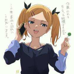 Rule 34 | 1girl, blonde hair, candy, cellphone, commentary request, food, grey eyes, hair ornament, hairclip, highres, holding, holding candy, holding food, holding lollipop, holding phone, lollipop, miyahara takuya, mole, mole under eye, open mouth, phone, shirobako, shirt, short twintails, smartphone, smile, solo, translation request, twintails, yano erika