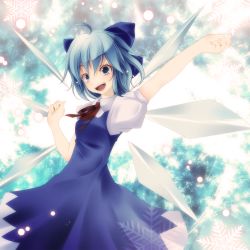 Rule 34 | 1girl, ahoge, ascot, bad id, bad pixiv id, blue dress, blue eyes, blue hair, cirno, dress, female focus, hair ribbon, highres, looking at viewer, matching hair/eyes, outstretched arm, ribbon, smile, snowflakes, solo, touhou, tsukishiro saika, white background, wings