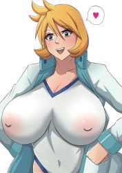 Rule 34 | 1girl, breasts, covered erect nipples, cowboy shot, creatures (company), game freak, green eyes, heart, highres, huge breasts, jacket, manmitsuru, misty (pokemon), nintendo, nipples, one-piece swimsuit, open clothes, open jacket, open mouth, orange hair, pokemon, pokemon hgss, see-through, short hair, simple background, smile, solo, spread legs, standing, swimsuit, swimsuit under clothes, white background, white jacket, white one-piece swimsuit