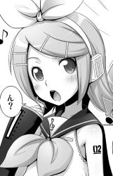 Rule 34 | 1girl, face, greyscale, ha-ru, hair ornament, hairclip, hand up, headphones, kagamine rin, looking at viewer, monochrome, musical note, open mouth, quaver, round teeth, short hair, solo, speech bubble, teeth, treble clef, vocaloid