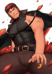 Rule 34 | 1boy, absurdres, bara, beard, brown hair, bulge, cigarette, covered abs, covered erect nipples, cowboy shot, facial hair, highres, jacket, jacket on shoulders, large pectorals, male focus, manly, mikicat, muscular, original, pectorals, short hair, simple background, skin tight, sleeveless, smoking, solo, thick thighs, thighs, tight clothes, upper body
