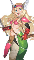 Rule 34 | 1girl, armor, bikini armor, blonde hair, blue eyes, breasts, cosplay, dragon quest, dragon quest iii, fang, gloves, head wings, headband, highres, holding, holding sword, holding weapon, jashin-chan, jashin-chan dropkick, lamia, long hair, looking at viewer, monster girl, navel, open mouth, sheath, shoulder armor, simple background, small breasts, smile, soldier (dq3), soldier (dq3) (cosplay), solo, soosaresu, sword, teeth, weapon, white background, wings