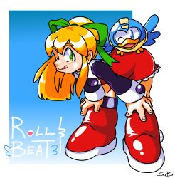 Rule 34 | 1girl, artist name, beat (mega man), blonde hair, blue eyes, boots, breasts, capcom, green eyes, hair ribbon, hands on own hips, hands on own knees, highres, leaning forward, legs, licking lips, long hair, looking at viewer, mega man (series), one eye closed, penis, ribbon, roll (mega man), small breasts, smile, thighs, tongue, tongue out, wings