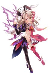 Rule 34 | 1girl, :p, absurdres, animal ears, arm behind head, asymmetrical clothes, asymmetrical legwear, black footwear, black sleeves, blush, boots, boshi (a-ieba), breasts, c-string, closed mouth, detached sleeves, dress, elbow gloves, energy wings, fake animal ears, fate/grand order, fate/kaleid liner prisma illya, fate (series), frown, full body, gloves, grey hair, hair ornament, half-dress, highres, illyasviel von einzbern, long hair, looking at viewer, magical girl, magical ruby, meme attire, middle finger, navel, overskirt, pink dress, pink footwear, pink sleeves, prisma illya, prisma illya (zwei form), rabbit ears, red eyes, reverse bunnysuit, reverse outfit, short dress, simple background, small breasts, solo, split theme, standing, star (symbol), star hair ornament, strapless bottom, testament (fate), thigh boots, thighhighs, tongue, tongue out, uneven legwear, white background, wing hair ornament