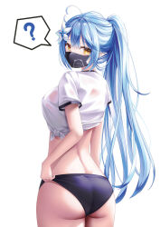 Rule 34 | 1girl, ?, absurdres, adjusting clothes, ahoge, alternate costume, alternate hairstyle, ass, back, black buruma, black mask, blue hair, breasts, buruma, commentary, covered mouth, cowboy shot, flower, from behind, hair between eyes, hair flower, hair ornament, heart, heart ahoge, highres, hololive, large breasts, light blue hair, long hair, looking at viewer, looking back, mask, mouth mask, multicolored hair, ponytail, see-through, see-through shirt, shira jun, shirt, short sleeves, simple background, solo, spoken question mark, standing, tied shirt, two-tone hair, virtual youtuber, wet, wet clothes, wet shirt, white background, white shirt, yellow eyes, yukihana lamy