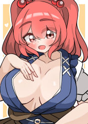 1girl absurdres breasts breasts_apart brown_sash coin coin_on_string hair_bobbles hair_ornament highres kkfri_2525 large_breasts looking_at_viewer no_bra obi onozuka_komachi red_eyes red_hair sash short_hair short_sleeves solo touhou two_side_up