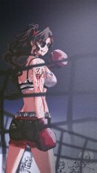 Rule 34 | 1girl, arm tattoo, ass, back, black bra, black choker, black shorts, blood, blood from mouth, boxing gloves, boxing ring, bra, breasts, brown hair, choker, commentary, cowboy shot, demon horns, english commentary, from behind, grin, highres, hololive, hololive english, horns, j-chad, long hair, looking at viewer, looking back, medium breasts, parted bangs, ponytail, red eyes, set7, short shorts, shorts, skeleton, skull tattoo, smile, solo, sports bra, standing, strapless, sunglasses, tattoo, teeth, torn clothes, tube top, underwear, virtual youtuber, wavy hair