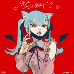 Rule 34 | 1girl, animal ear fluff, animal ears, cat ears, claw pose, clothing cutout, ear piercing, hair behind ear, hair ornament, hatsune miku, heart, heart hair ornament, highres, kemonomimi mode, open hand, piercing, red background, red eyes, shoulder cutout, solo, song name, twintails, upper body, vampire (vocaloid), vocaloid, zoramaruta