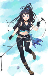 Rule 34 | 1girl, akiyama mio, alternate costume, artist request, black eyes, black hair, blush, bracelet, breasts, cleavage, curvy, female focus, full body, happy, highres, hime cut, jewelry, k-on!, long hair, looking at viewer, medium breasts, shiny skin, smile, solo, spiked bracelet, spikes, standing, standing on one leg, torn clothes, very long hair