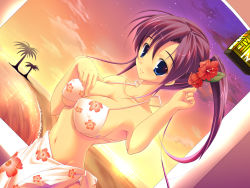 Rule 34 | 1girl, beach, bikini, blue eyes, breasts, cleavage, cloud, covered erect nipples, flower, gradient background, highres, long hair, mikeou, pink chuchu, sky, solo, star (symbol), sunset, swimsuit, tree, water