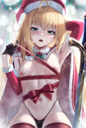 Rule 34 | 1girl, ahoge, armpits, artoria pendragon (all), artoria pendragon (fate), black gloves, black panties, blonde hair, breasts, cape, christmas, detached sleeves, fate/grand order, fate (series), fur-trimmed cape, fur-trimmed headwear, fur trim, gloves, green eyes, hat, highleg, highleg panties, highres, long hair, looking at viewer, navel, nipples, open mouth, padoruu, panties, red cape, red hat, red ribbon, red thighhighs, ribbon, saber (fate), santa costume, santa hat, sidelocks, small breasts, solo, steam, steaming body, sweat, thighhighs, thighs, underwear