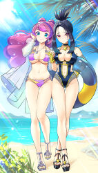 Rule 34 | 2girls, absurdres, alternate costume, bikini, black footwear, black hair, black one-piece swimsuit, breasts, cleavage, closed mouth, cloud, collarbone, commentary, creatures (company), cross scar, day, dendra (pokemon), earrings, fingerless gloves, game freak, gloves, green eyes, highres, holding hands, innertube, jewelry, large breasts, long hair, looking at viewer, medium breasts, miriam (pokemon), multiple girls, nail polish, navel, nintendo, one-piece swimsuit, outdoors, pokemon, pokemon sv, purple hair, raised eyebrows, sand, scar, scar on face, scar on forehead, shoes, shore, sky, smile, standing, sweatdrop, swim ring, swimsuit, tm (hanamakisan), toenail polish, toenails, water, yellow gloves, yellow nails, yuri