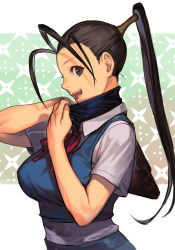 Rule 34 | 1girl, antenna hair, black hair, blue gloves, blue skirt, breasts, brown eyes, capcom, elbow gloves, from side, gloves, high ponytail, hungry clicker, ibuki (street fighter), large breasts, long hair, looking at viewer, looking to the side, mask, mask pull, mouth mask, open mouth, red neckwear, school uniform, shirt, short sleeves, skirt, smile, solo, sparkle, street fighter, street fighter v, taut clothes, taut shirt, very long hair