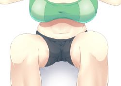 Rule 34 | 10s, 1girl, absurdres, bike shorts, breasts, cleavage, exercising, highres, kantai collection, large breasts, lower body, navel, oboro (kancolle), ohiya, out of frame, sit-up, sitting, solo, sweat, thighs