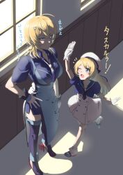 Rule 34 | 2girls, absurdres, ahoge, black neckerchief, blonde hair, blue eyes, blue jacket, blue sailor collar, blue shirt, blue thighhighs, collared shirt, commentary request, dress, from above, full body, gloves, gradient neckerchief, hair ornament, hairclip, hallway, hands on own hips, hat, high five, highres, jacket, jervis (kancolle), kantai collection, mary janes, medium hair, military uniform, mrdotd, multiple girls, neckerchief, one eye closed, overskirt, sailor collar, sailor dress, sailor hat, shirt, shoes, standing, thighhighs, translation request, tuscaloosa (kancolle), uniform, white dress, white gloves, white headwear, window