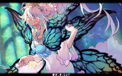 Rule 34 | 1girl, blue eyes, blue nails, blue wings, breasts, butterfly wings, cleavage, collarbone, cowboy shot, dress, earrings, fairy, final fantasy, final fantasy xiv, floating hair, flower, from side, hair between eyes, hair flower, hair ornament, hand up, he zuang huixing, highres, insect wings, jewelry, letterboxed, long hair, looking ahead, medium breasts, multiple wings, necklace, ringed eyes, solo, stained glass, tiara, titania (final fantasy), updo, white dress, white hair, wings