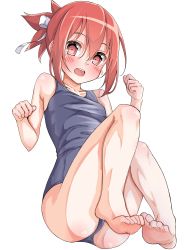 Rule 34 | 1girl, absurdres, barefoot, blue one-piece swimsuit, clenched hands, feet, from below, from side, full body, highres, invisible chair, kawai ritsu (rits meg), legs together, looking at viewer, one-piece swimsuit, open mouth, red eyes, red hair, school swimsuit, simple background, sitting, smile, solo, swimsuit, takashima yuuna, teeth, upper teeth only, white background, yuuki yuuna wa yuusha de aru, yuusha de aru