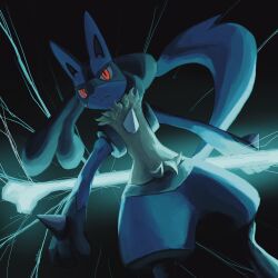 Rule 34 | absurdres, aura, blue fur, creatures (company), dark background, dog, feet out of frame, furry, game freak, gen 4 pokemon, glowing, glowing eyes, highres, holding, holding polearm, holding weapon, lucario, nintendo, no humans, pokemon, pokemon (creature), polearm, red eyes, riotono 0643, solo, spikes, weapon