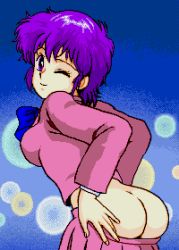 Rule 34 | 1girl, ass, blue background, blue bow, blue bowtie, bow, bowtie, breasts, bubble background, clothes pull, from behind, jacket, large breasts, long sleeves, looking at viewer, looking back, mahjong lemon angel, one eye closed, peach (mahjong lemon angel), pink jacket, pink skirt, pixel art, purple eyes, purple hair, saiwai hiroshi, school uniform, shirt, short hair, skirt, skirt pull, smile, standing, white shirt, wink