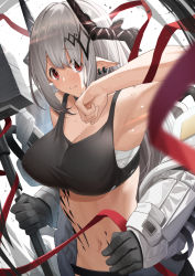 Rule 34 | 1girl, arknights, arm up, armpits, bandages, bare shoulders, black gloves, breasts, chest sarashi, cleavage, commentary request, crop top, gloves, hammer, highres, holding, holding hammer, holding weapon, horns, large breasts, long hair, long sleeves, looking at viewer, material growth, midriff, mudrock (arknights), navel, nishitaka, oripathy lesion (arknights), partial commentary, pointy ears, red eyes, sarashi, silver hair, smile, solo, sports bra, stomach, sweat, upper body, weapon