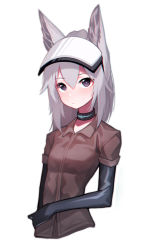 Rule 34 | 1girl, absurdres, animal ears, arknights, beudelb, black collar, black gloves, brown shirt, collar, commentary, cropped torso, elbow gloves, gloves, grani (arknights), grey hair, hair between eyes, highres, horse ears, infection monitor (arknights), korean commentary, long hair, looking at viewer, purple eyes, shirt, simple background, solo, upper body, visor, visor lift, white background