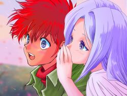 Rule 34 | 1990s (style), 1boy, 1girl, adol christin, ancient ys vanished, azarashifact, blue eyes, blue hair, blurry, blurry background, commentary request, eyelashes, feena (ys), long hair, open mouth, red hair, retro artstyle, short hair, surprised, teeth, upper teeth only, whispering, ys
